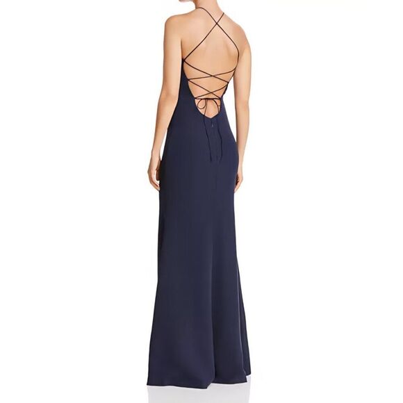 New Bariano - L Navy Blue High-Neck Cross-Back Gown $230 - Picture 2 of 8
